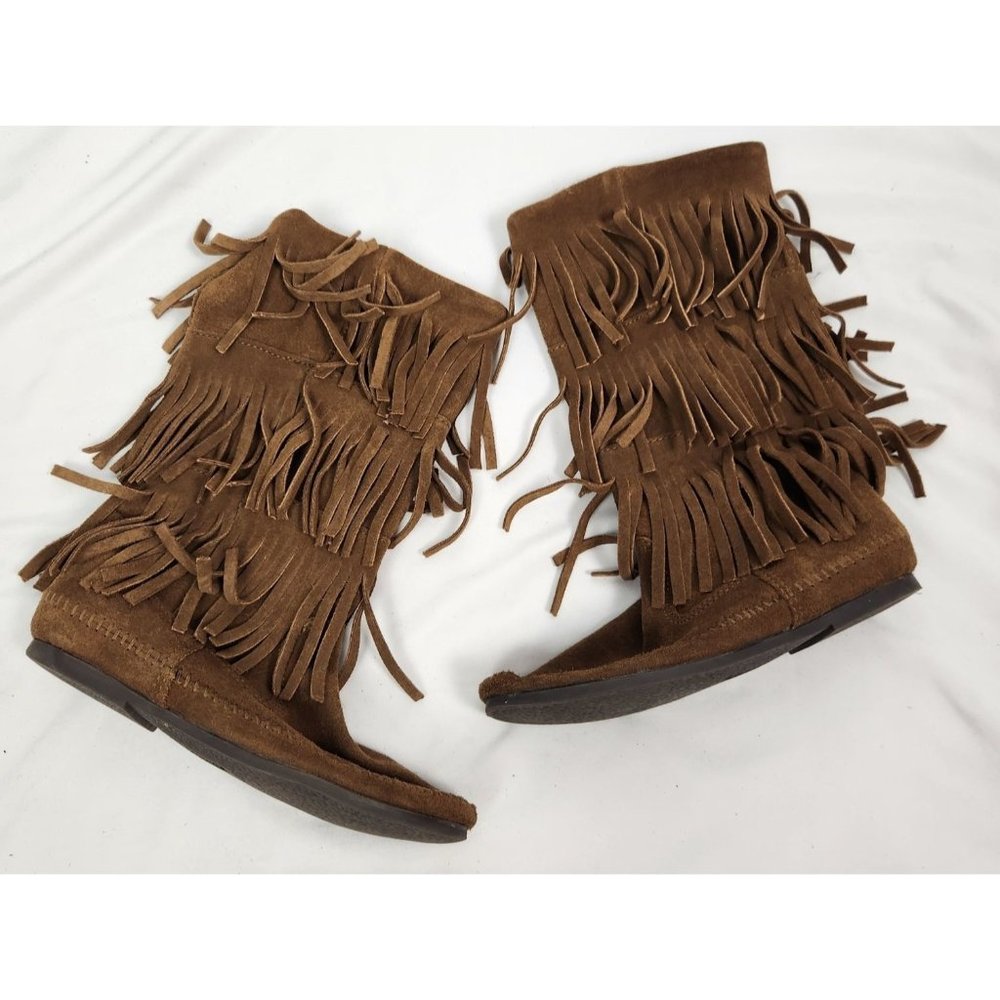 Minnetonka Women's Sz. 7 3 Layer Brown Fringe Leather Mid Calf Boots - Picture 1 of 7